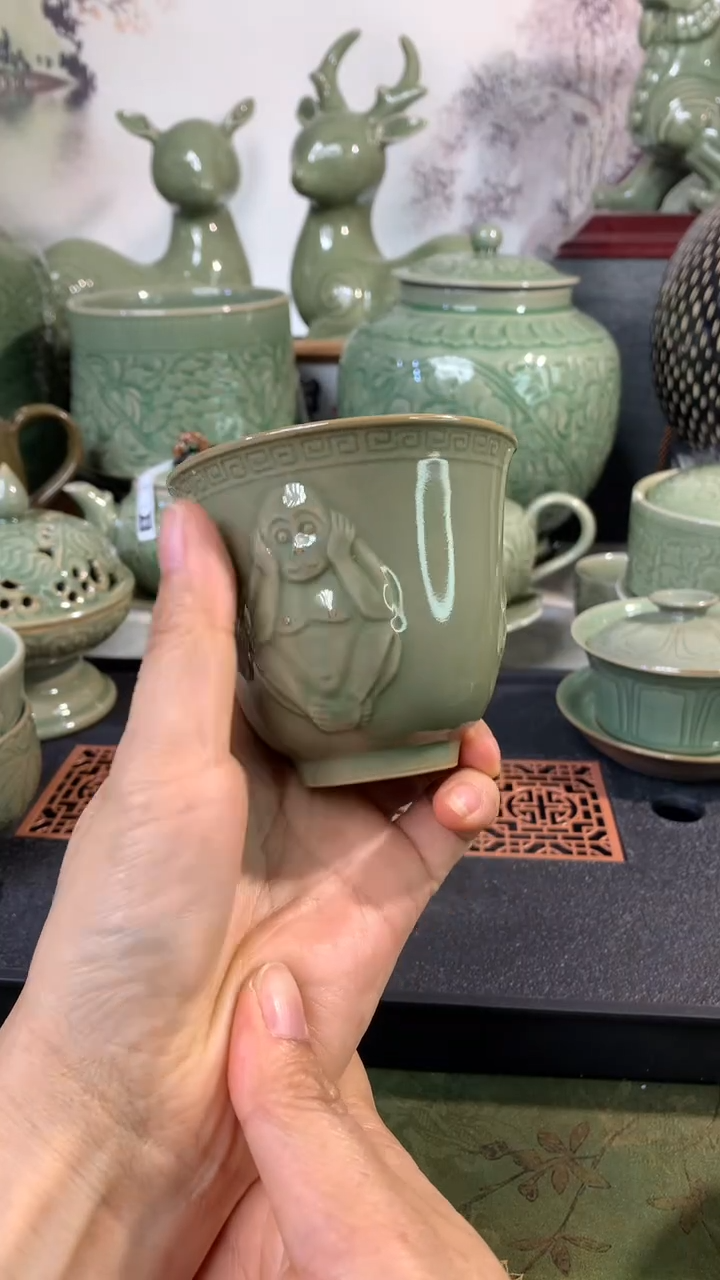 耀州窑青瓷三不猴主人杯150CC一只