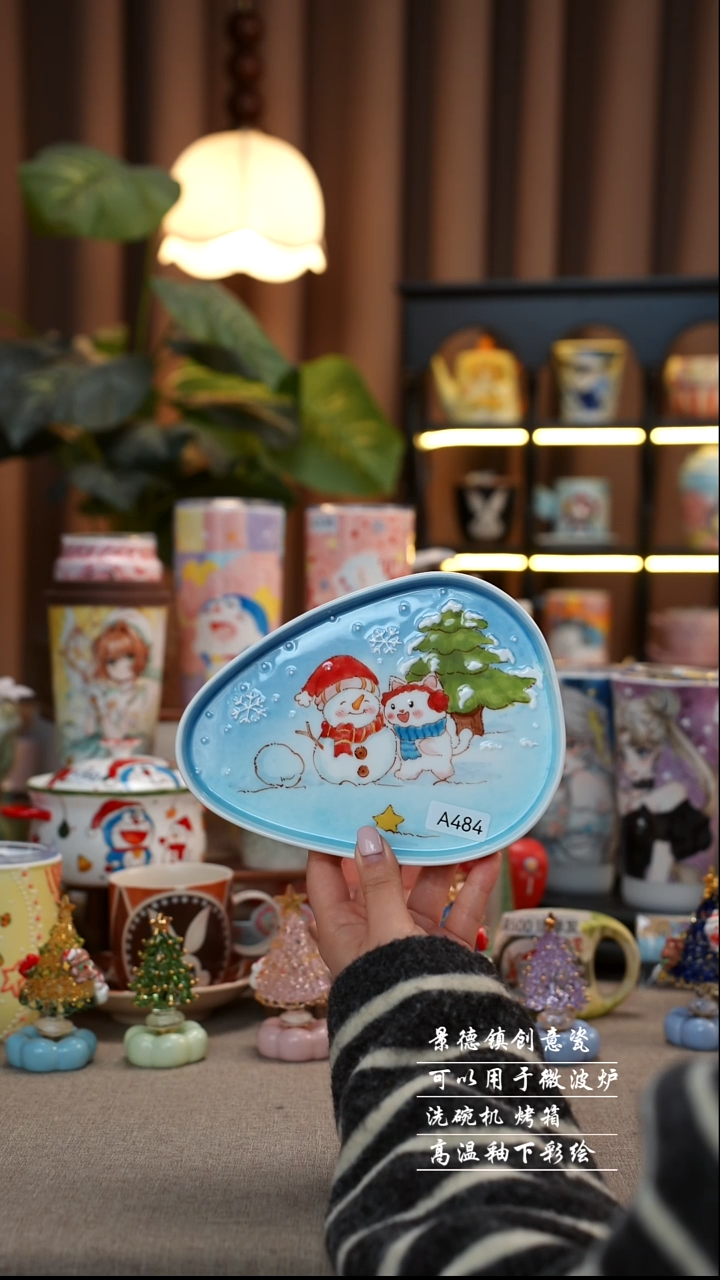 雪人盘景德镇手工手绘陶瓷484