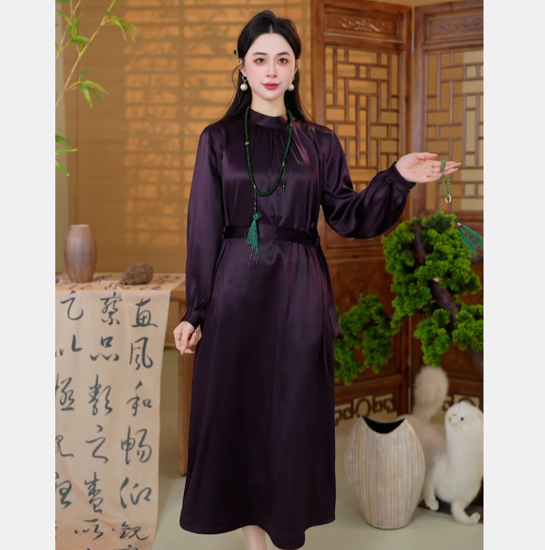 新中式国风 2682176 时尚百搭 牛皮湖丝缎 紫檀色连衣裙 M 115