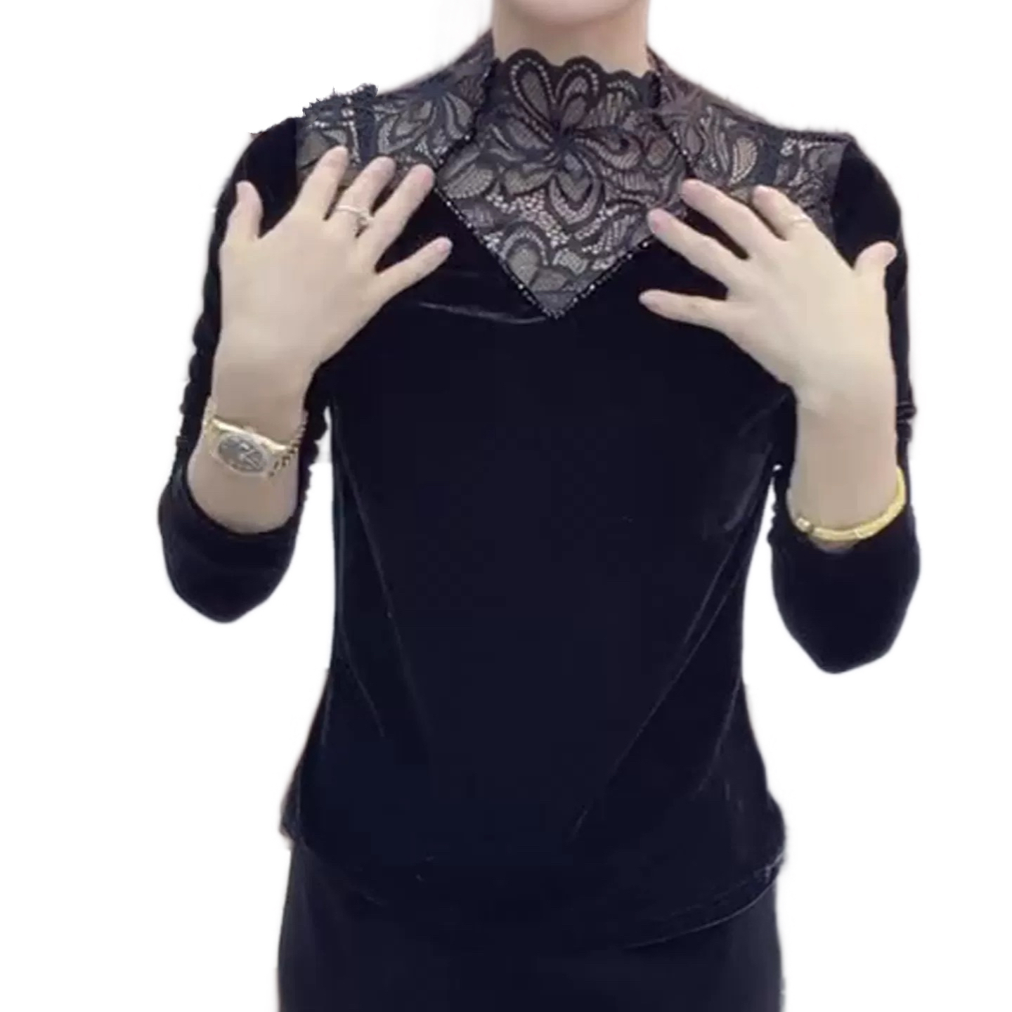 09半高领蕾丝拼接丝绒长袖T恤女2025秋季新款高级气质大码上衣