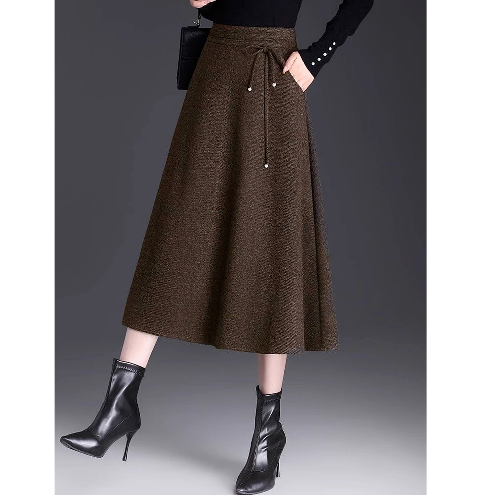 新中式半身裙春秋新款垂感大摆裙中长款高腰显瘦百褶呢子a字裙