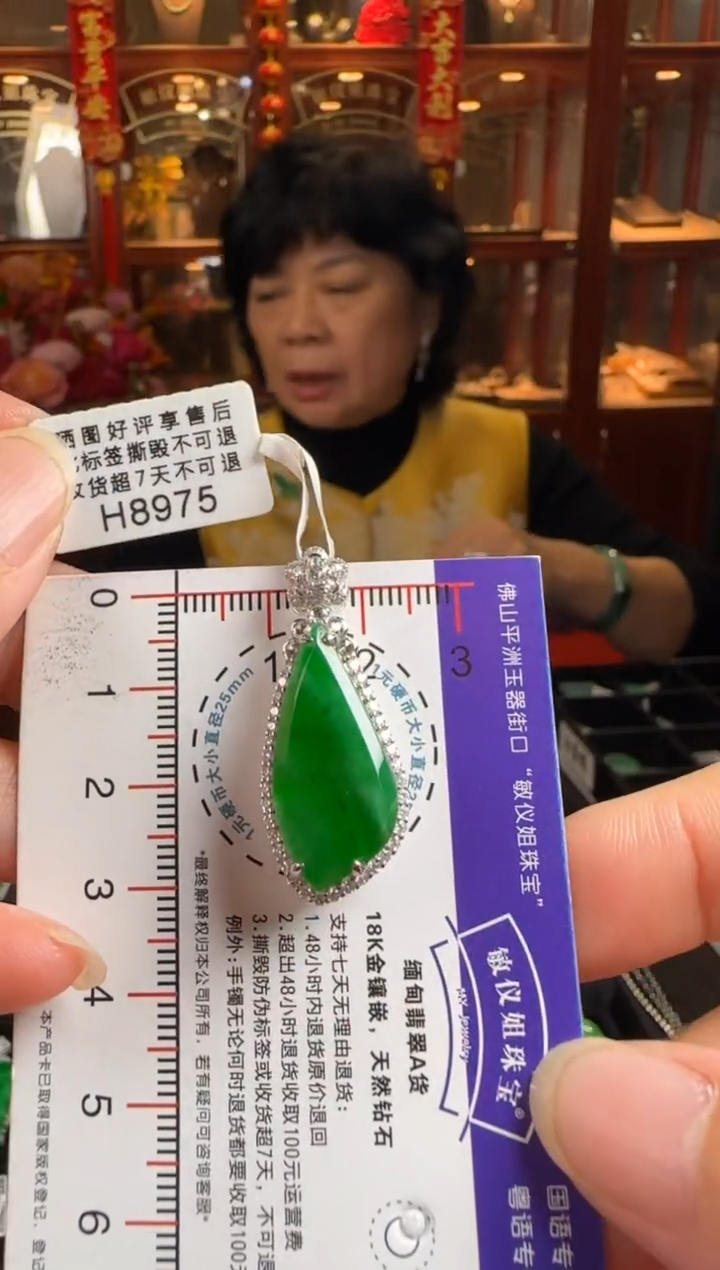 颈饰18K金镶嵌翡翠H8975冰辣绿随形无事牌