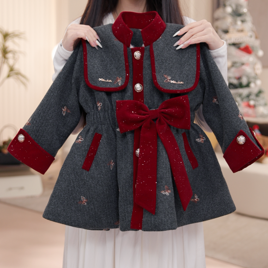 【红茶】女童秋冬加绒外套连衣裙加厚裙子披肩套装休闲女孩DC40656
