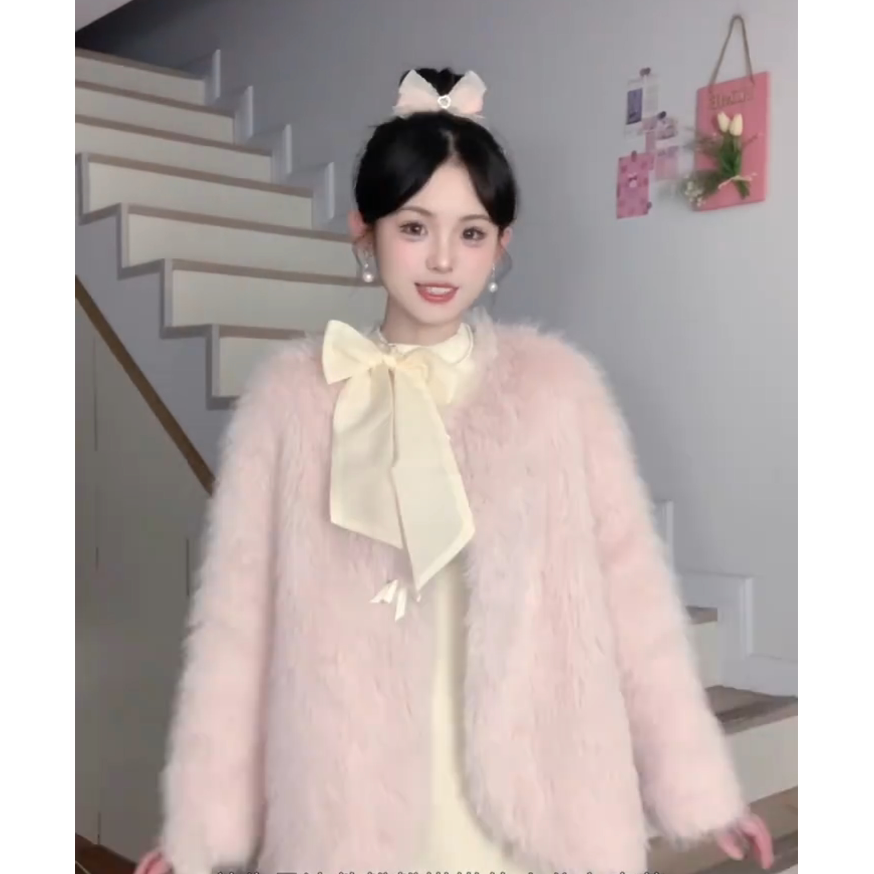 大码冬季粉色环保毛女短款流苏边设计感减龄外套10462