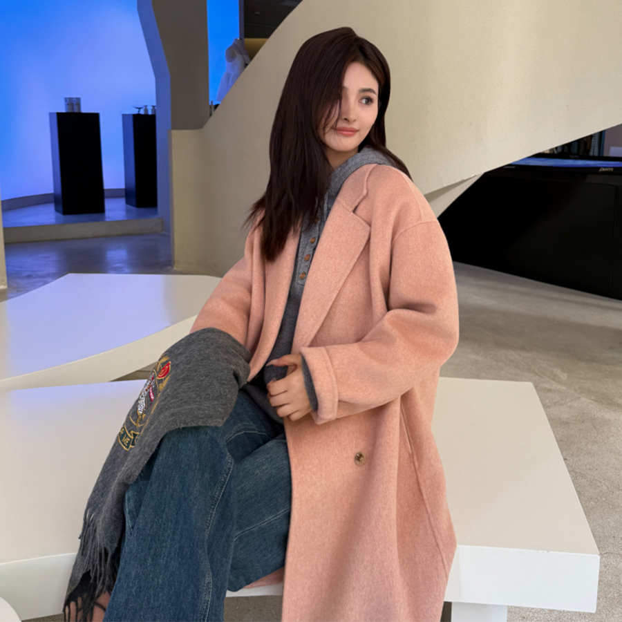 伊迪卡羊毛大衣韩系宽松戗驳领秋冬小个子中长款双面毛呢外套H