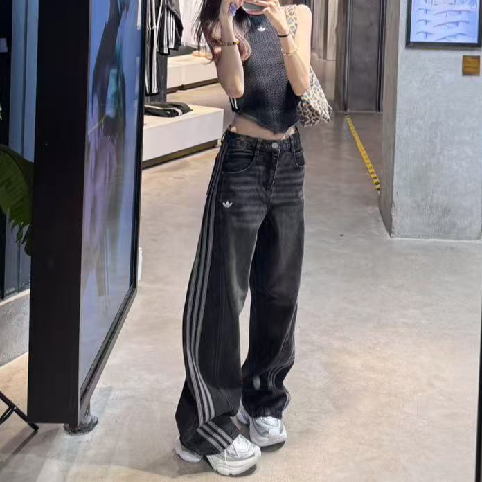 【宋雨琦同款】adidas三叶草欧若风牛仔阔腿运动弯刀裤JX6865 X