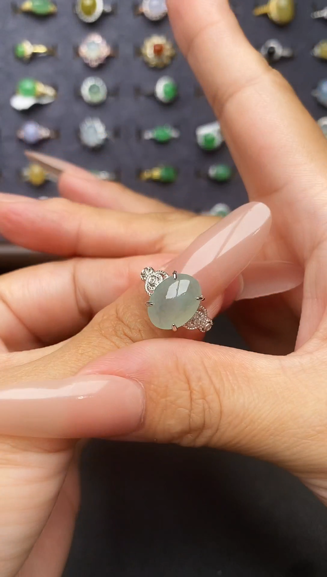 银S925镶嵌戒指翡翠天然翡翠A货4  1-