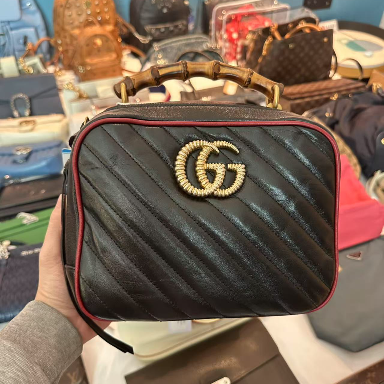 95新 GUCCI/古驰 黑色红边竹节马蒙相机包/云海包展放大漏