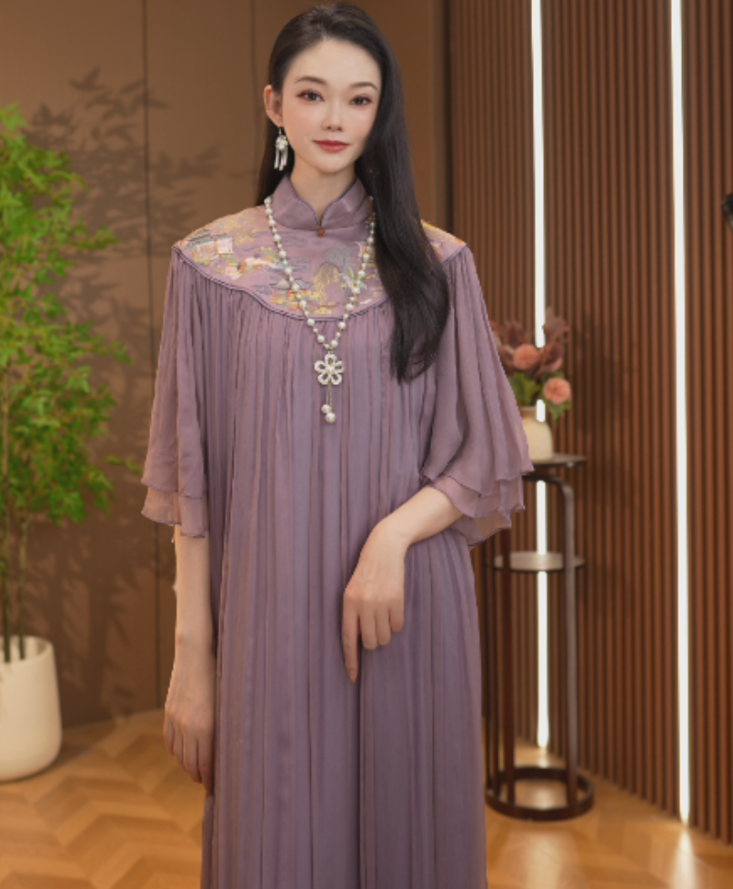 粉妆紫黛/重工刺绣新中式改良款女装中长款连衣裙2024B0919-古月