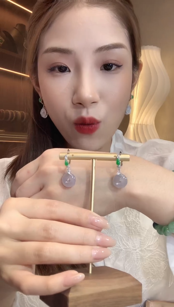 翡翠18K金镶嵌耳饰A89翡翠紫货有一定色差