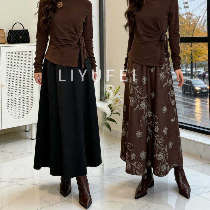 【正反两穿】栗色云岫毛呢银灰半身裙女2025秋冬新款高腰显瘦中长裙