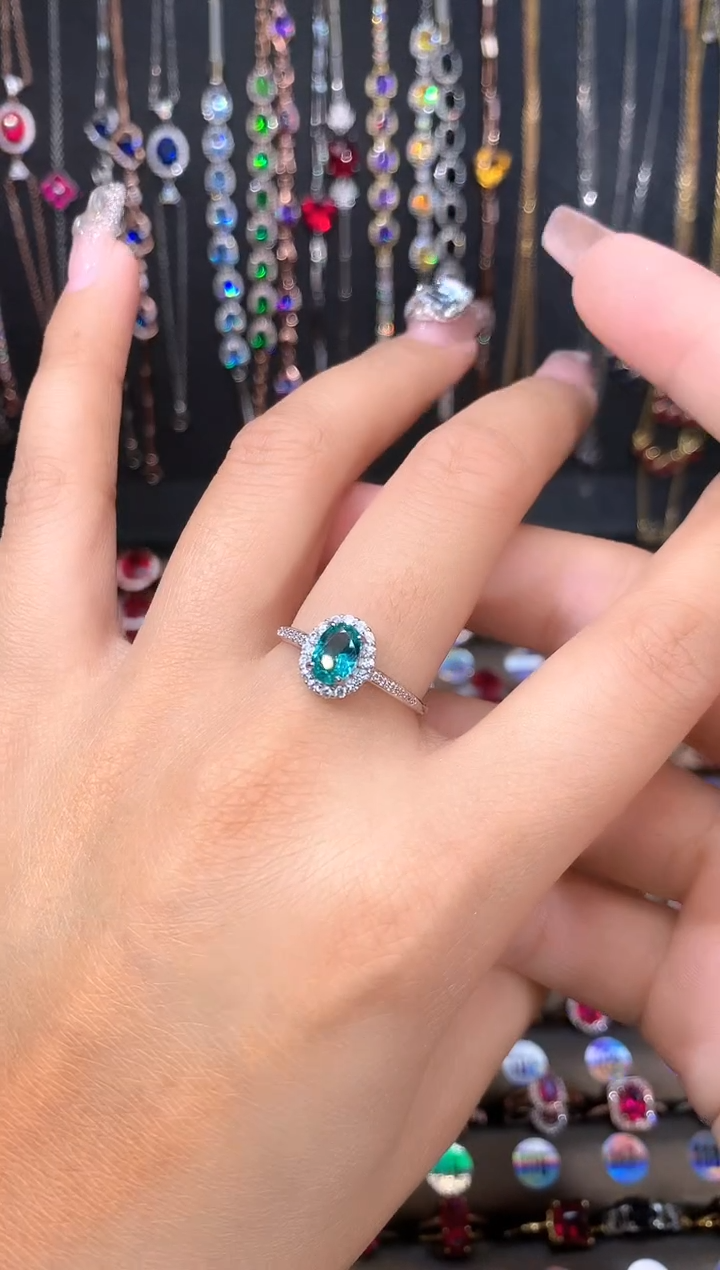 帕拉依巴碧玺戒指银S925镶嵌银色57