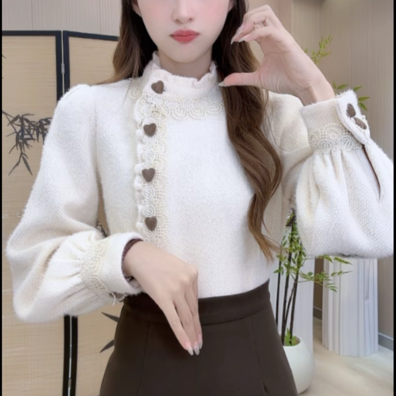 复古港风斜襟精致木耳边长袖衬衫女秋冬季加厚宽松设计感气质上衣