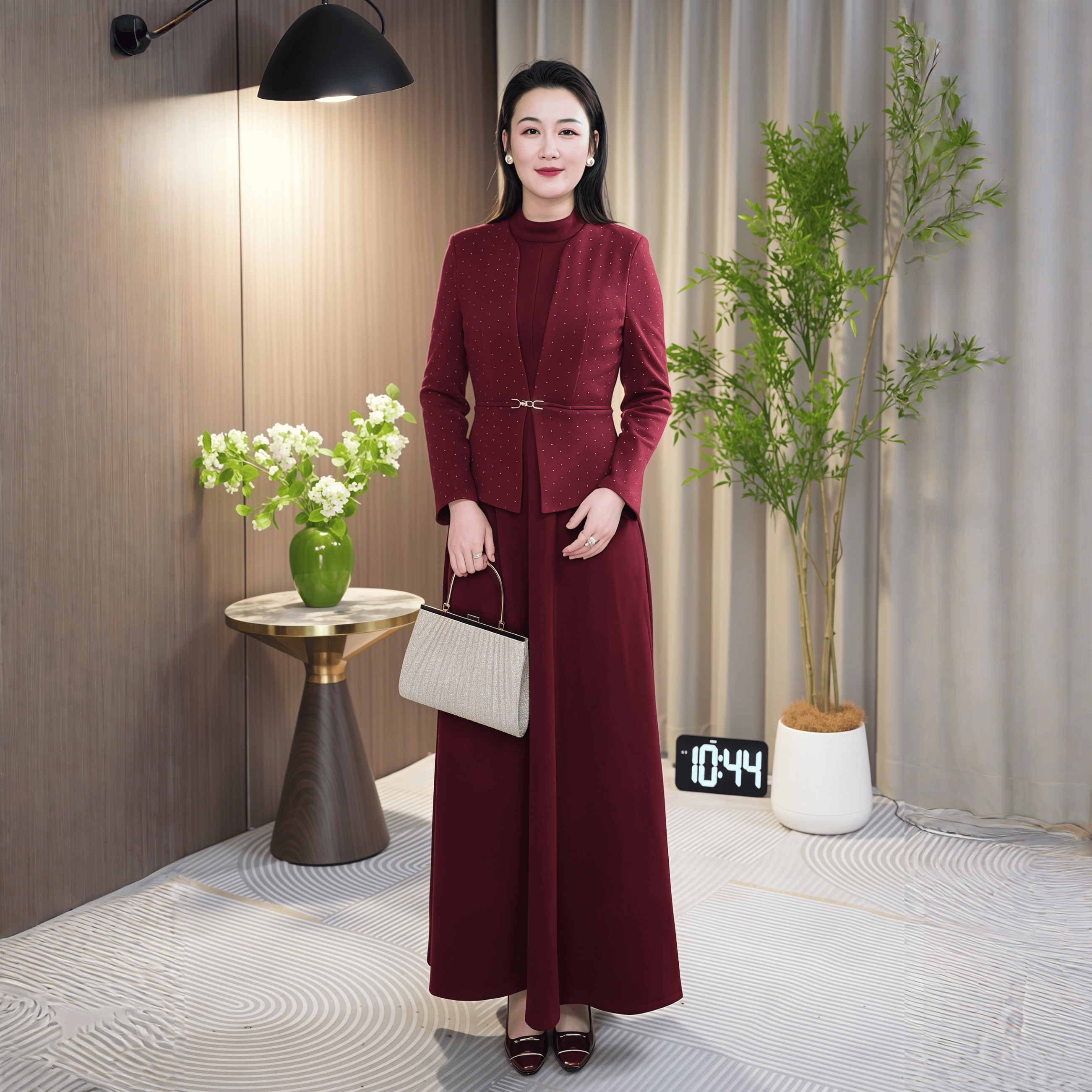 秋冬新款假两件酒红色新款显瘦气质轻奢时尚修身优雅连衣裙