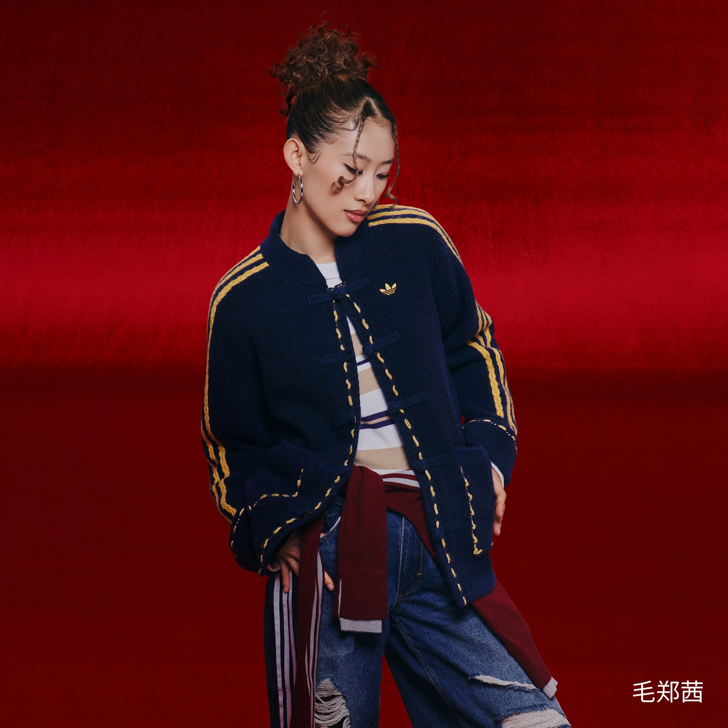 adidas三叶草 新中式秋冬新款休闲针织运动宽松夹克外套 KR5064