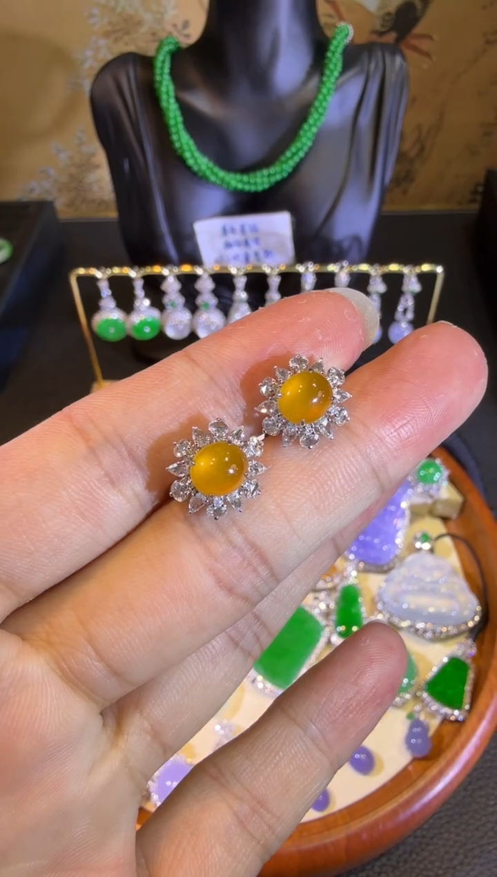 【闪购商品】翡翠耳饰18K金镶嵌冰糖黄蛋面耳包