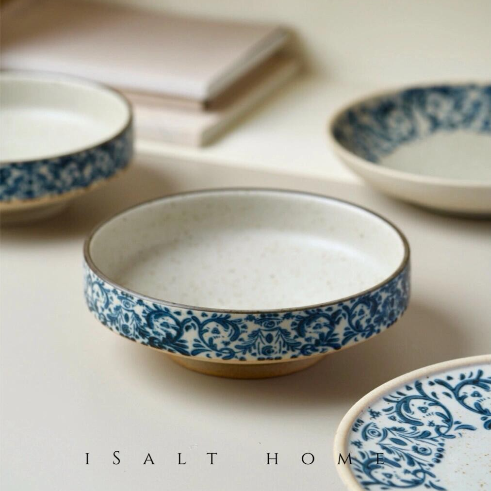  手作鸢尾花高足碗.粗陶青花陶瓷甜品碗饭碗面汤碗家用/出丹麦