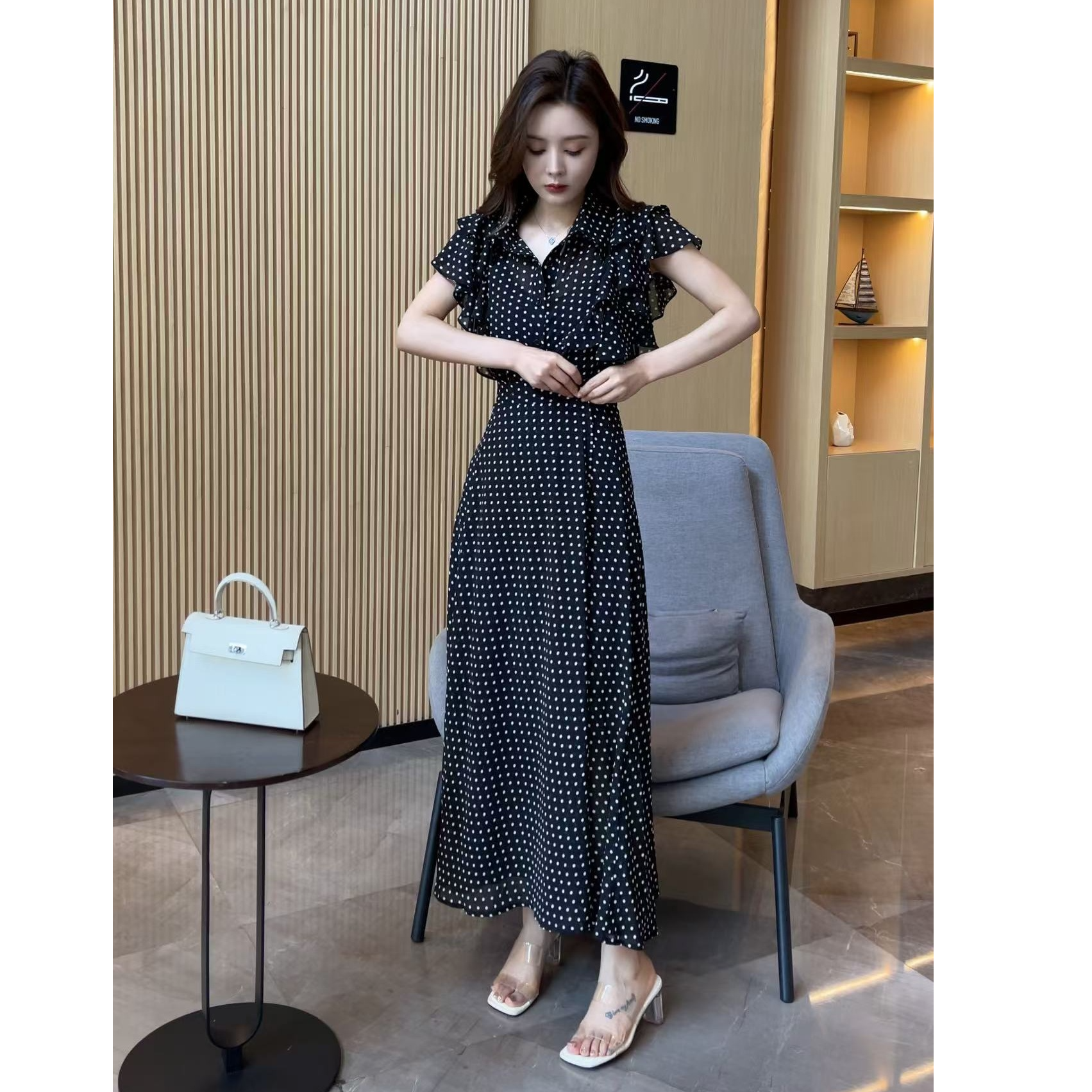 【梦婷家】无袖高级感波点气质收腰显瘦中长款连衣裙-250225