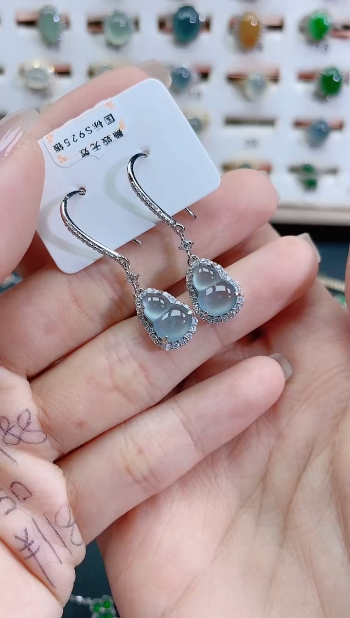 银S925镶嵌翡翠耳饰天然翡翠