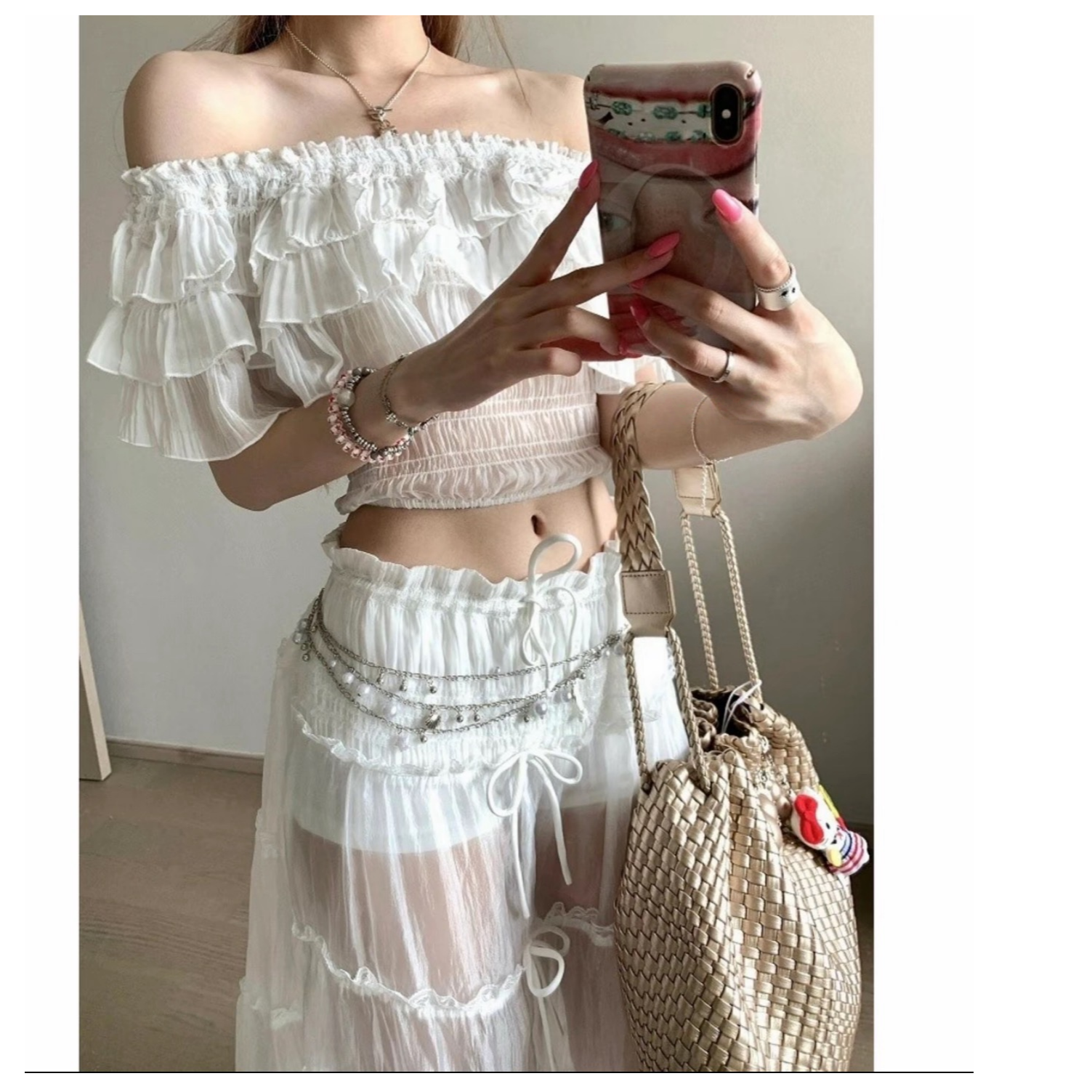 度假风甜美纯欲一字肩大长裙飘逸纱裙显身材气质雪纺小个子大裙摆