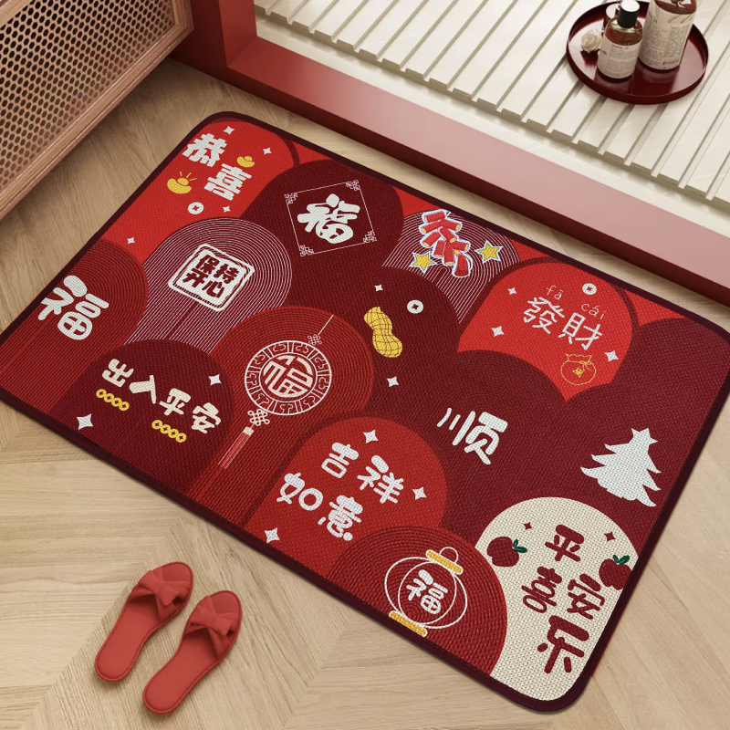 红色喜庆亚麻混纺吸水防滑家用厨房卫浴多功能地垫