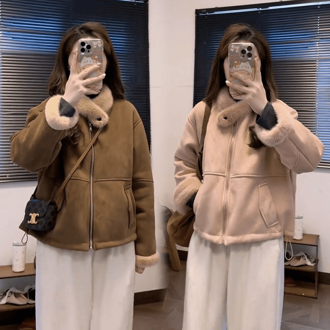 【峰丽】2025冬美式复古风加厚保暖毛毛外套新款皮-毛一体加厚外套