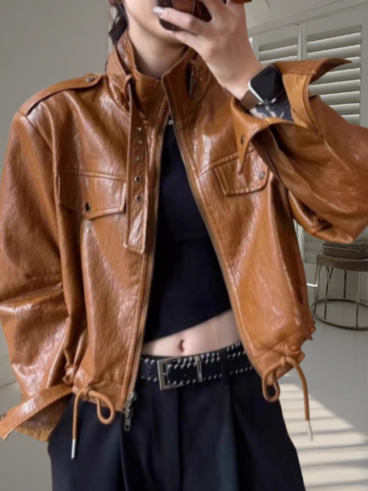 薄款立领皮衣女2025秋新款复古百搭夹克外套