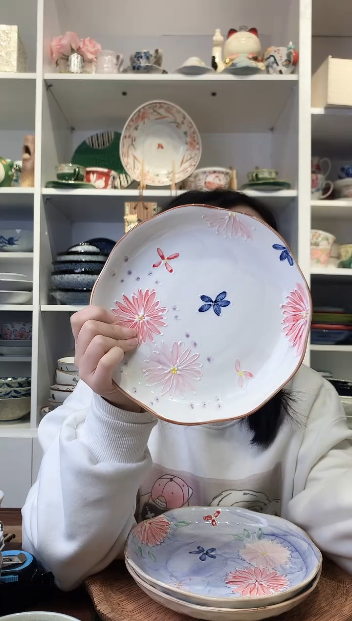 陶瓷【清仓】美浓烧花卉圆盘19.5cm