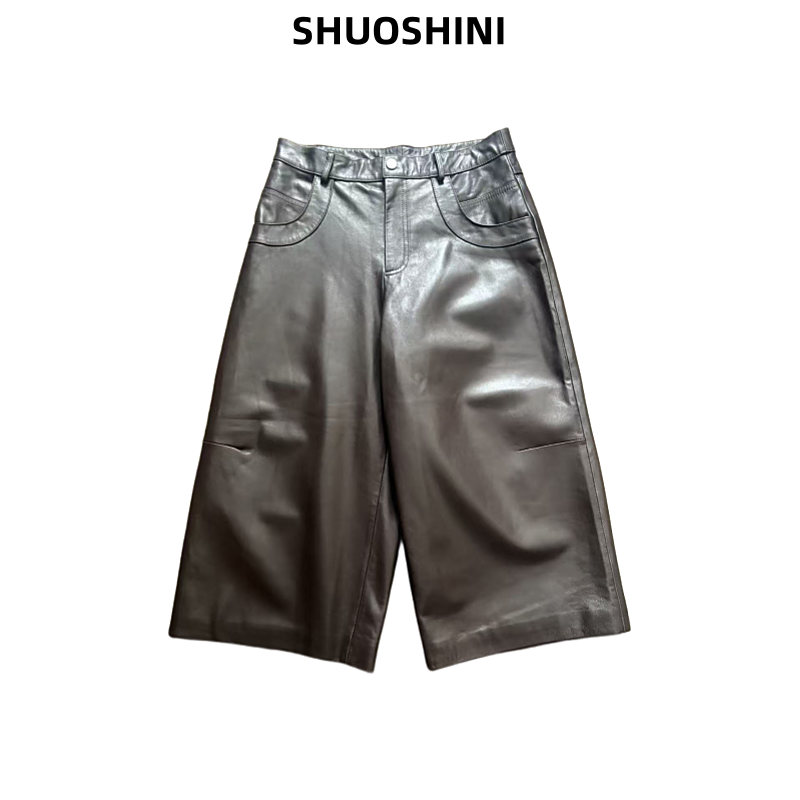真皮绵羊皮油腊阔腿裤女士秋冬款高腰时尚百搭休闲宽松潮流直筒裤