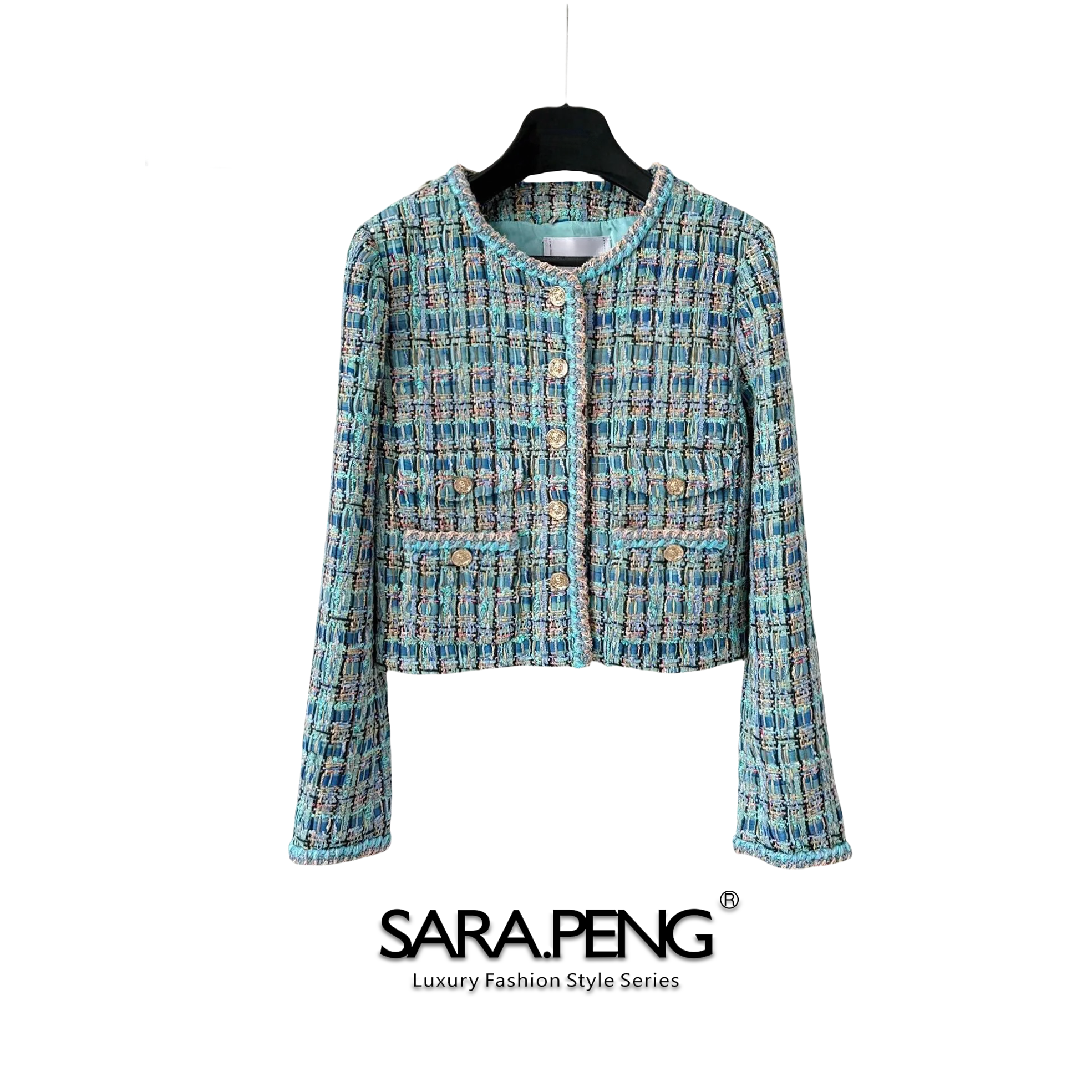 SARA.PENG奢香夫人｜新品蓝绿拼粗花呢金线百搭小香外套｜1D168161