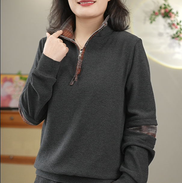格子拼色双面奥绒柔软亲肤加绒休闲保暖时尚拉链秋冬打底衫卫衣