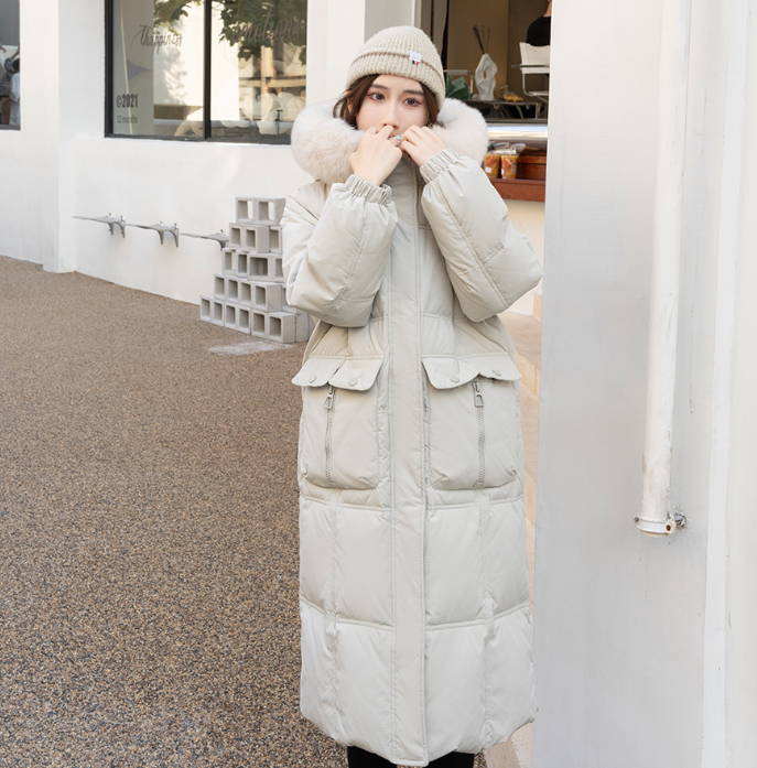 328 加厚款90白鸭绒女款羽绒服长款过膝连帽韩版大毛领
