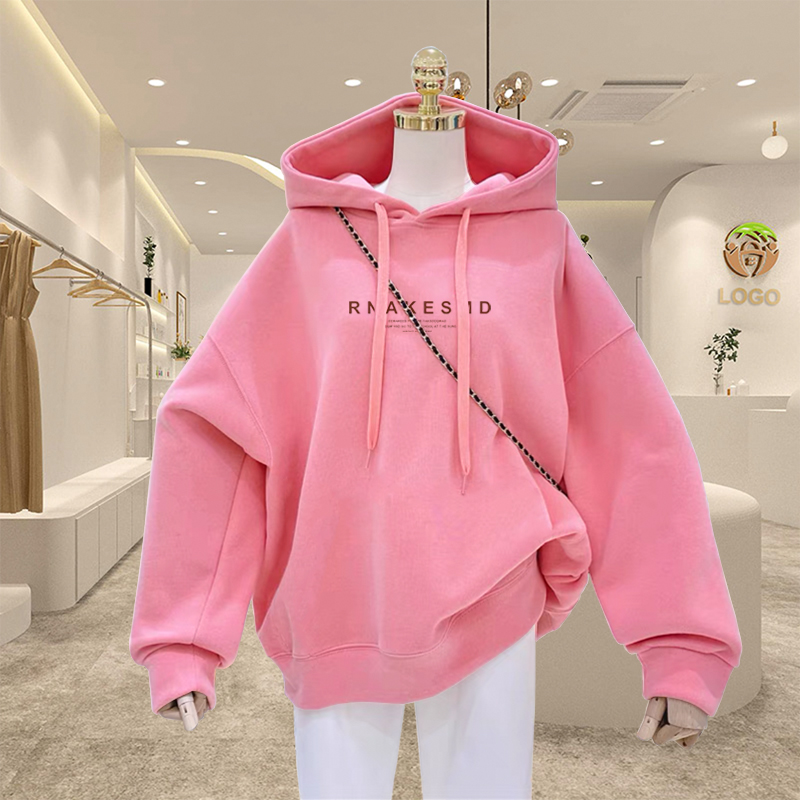 粉色连帽卫衣女2026秋冬新款字母印花慵懒风宽松上衣外套加绒加厚