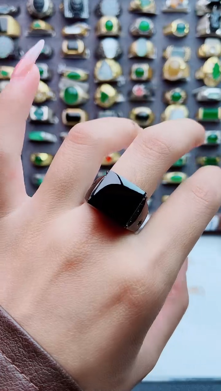 银S925镶嵌戒指翡翠天然翡翠男戒