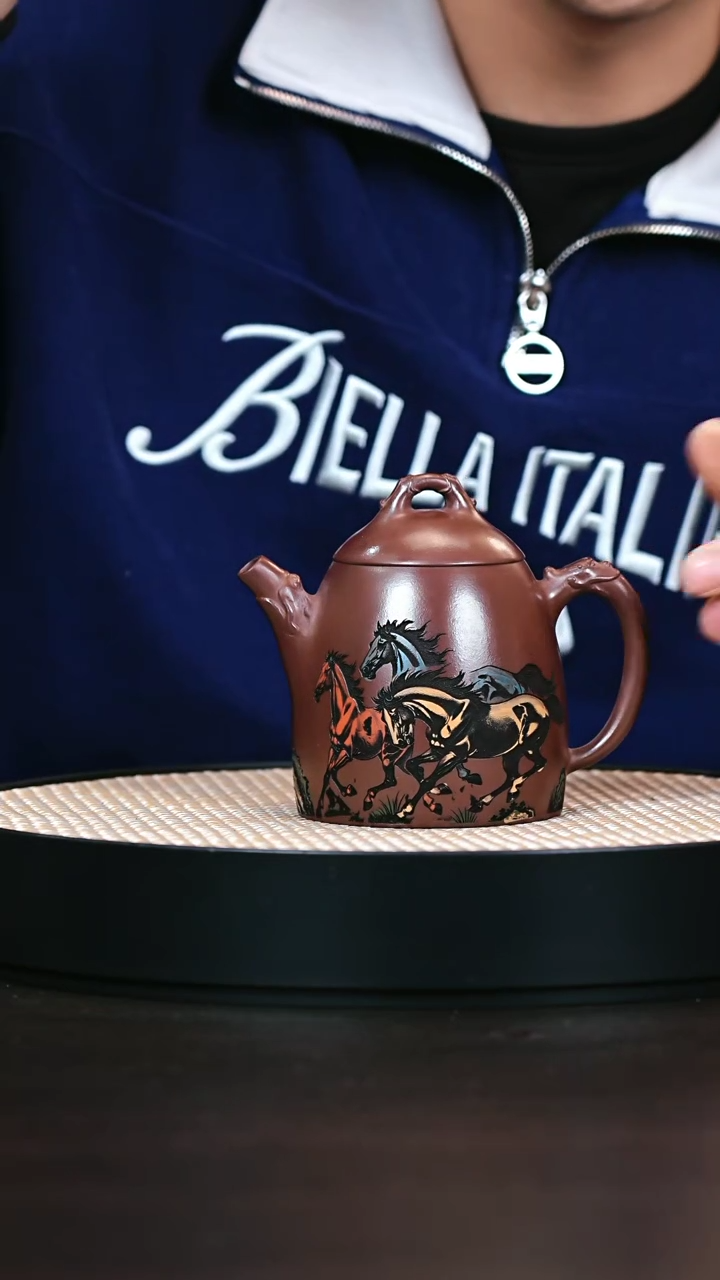 茶壶紫砂石红泥绘八骏秦权240cc