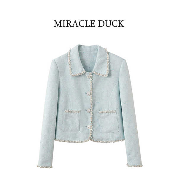 3号【清冷千金】秋冬气质重工珍珠浅蓝色编织翻领小香风外套C1908