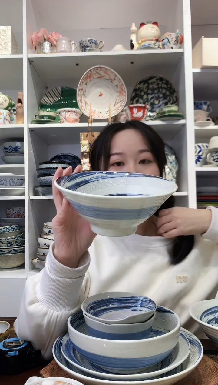 陶瓷美浓烧风吹清流斗笠面碗18cm