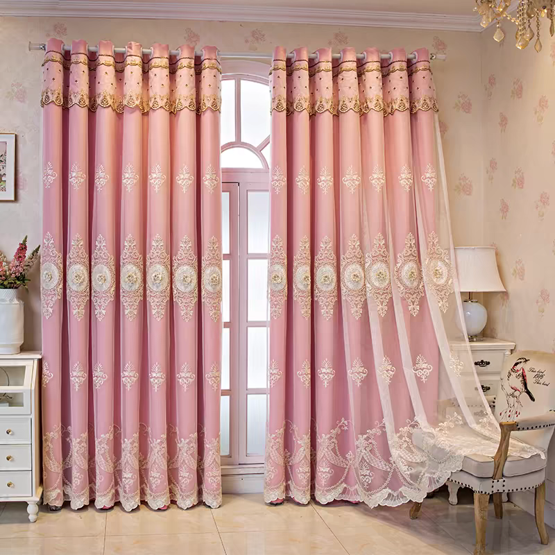 欧式高遮光粉色浮雕绣花布纱一体客厅卧室成品包邮