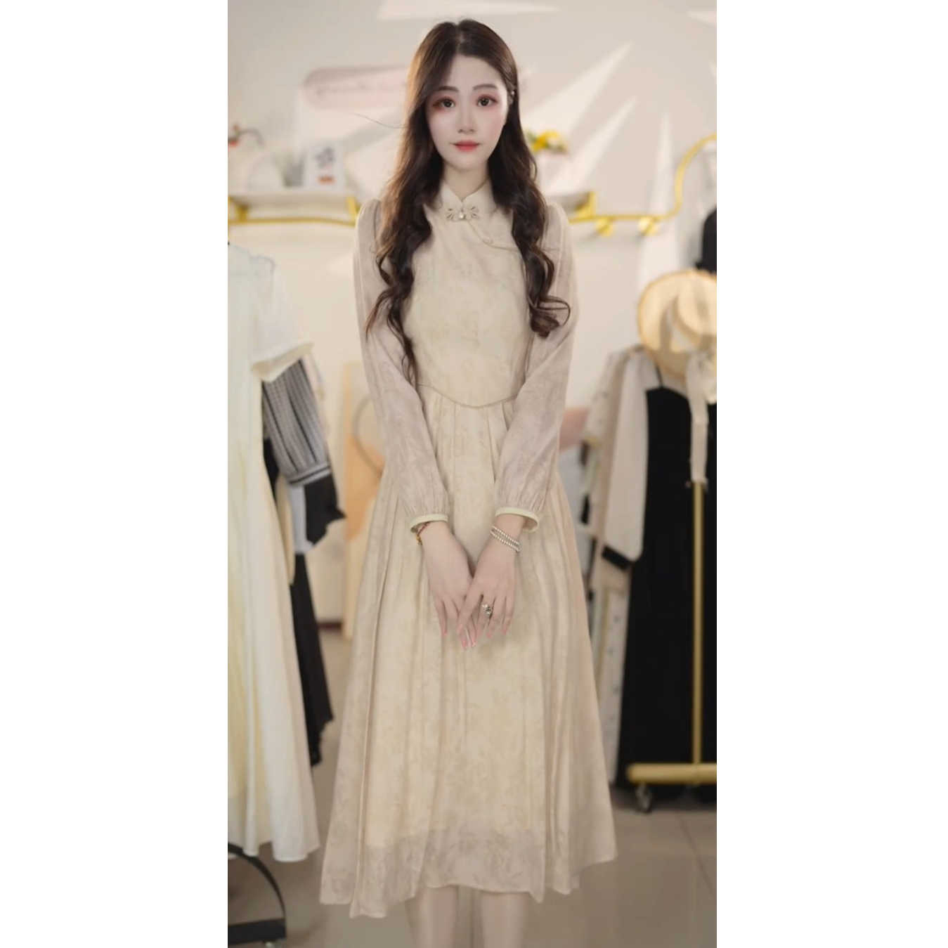 新中式国风气质长袖连衣裙女2025秋季新款收腰显瘦中长裙Y548191