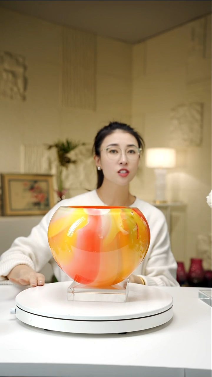 手工艺品琉璃橘色设计款双色聚宝盆