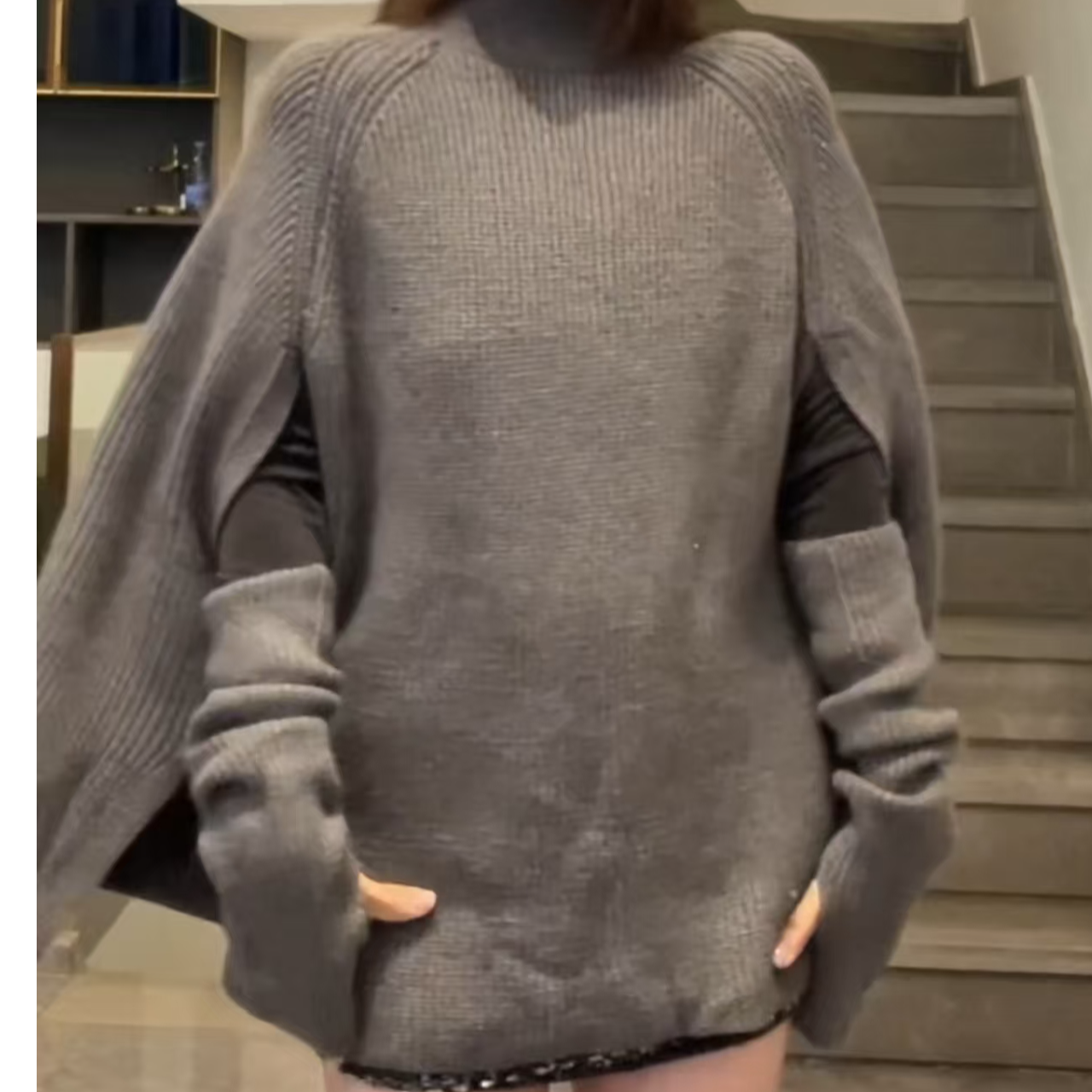 秋冬新款深灰色针织套袖毛衣