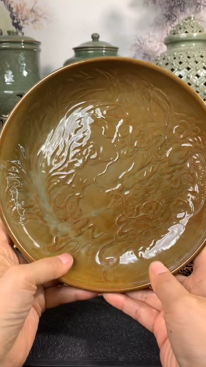 现代静*耀州窑窑变龙凤盘20.5CM一只