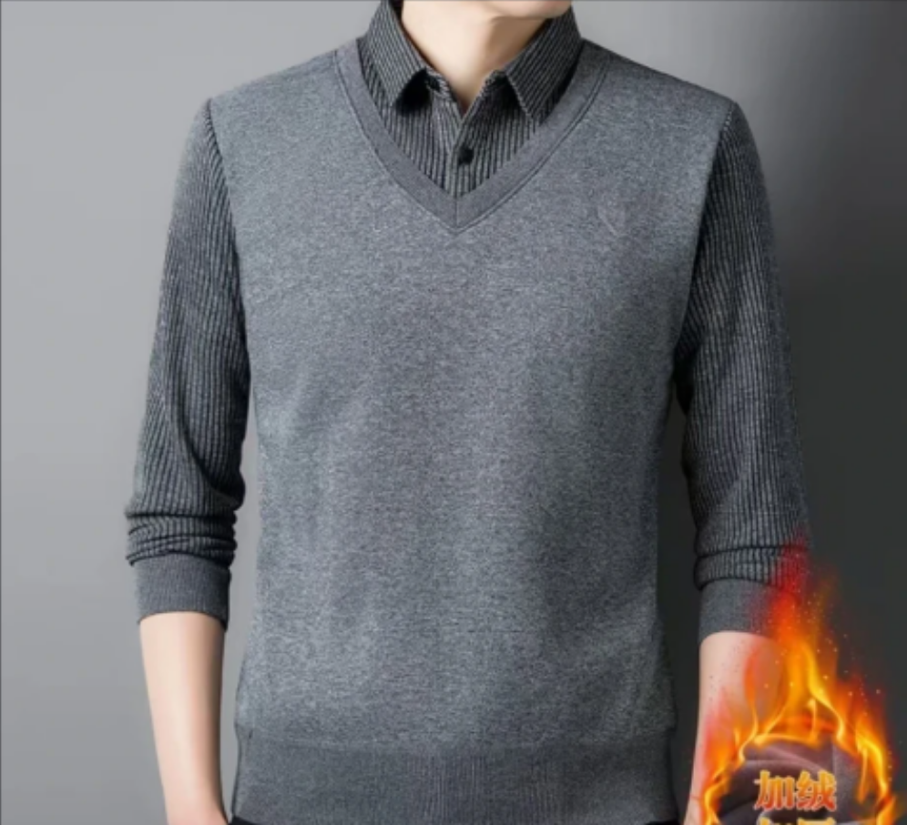 男士毛衣保暖秋冬假两件加绒加厚开衫商务休闲针织衫男衬衫 NN