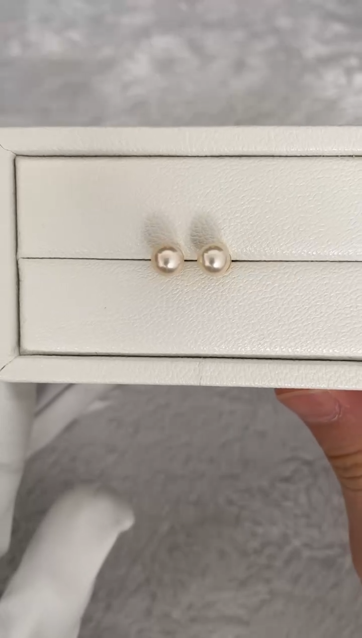 银S925镶嵌耳钉海水珍珠AK羽皇金素钉6.5-7mm