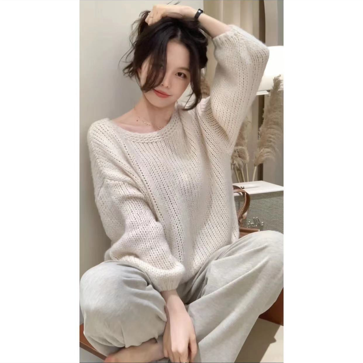 福利--拍下编码--圆领套头宽松长袖时尚慵懒风气质毛衣女小君