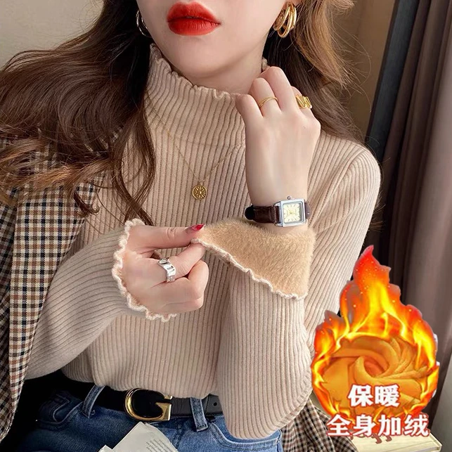 加绒加厚木耳边半高领针织衫女2025秋冬新款内搭打底衫一体绒毛衣
