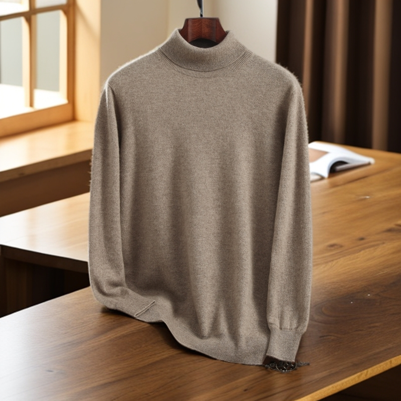 一线成衣100%山羊绒秋冬男士长袖针织衫简约宽松百搭高翻领打底衫