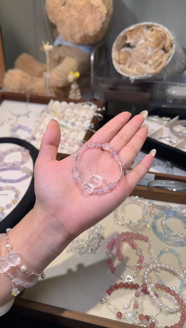 银S925镶嵌手链水晶白水kt紫粉水晶弯管