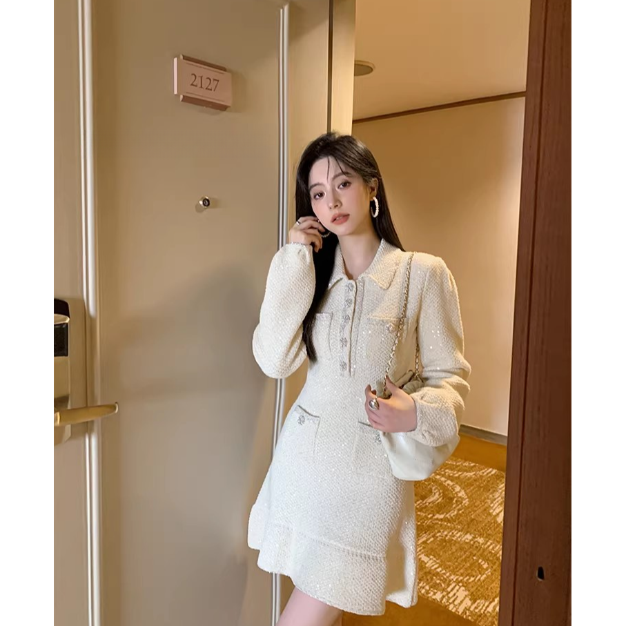 高端货~2026春秋新款翻领亮片钻扣收腰A字针织连衣裙短裙礼裙女