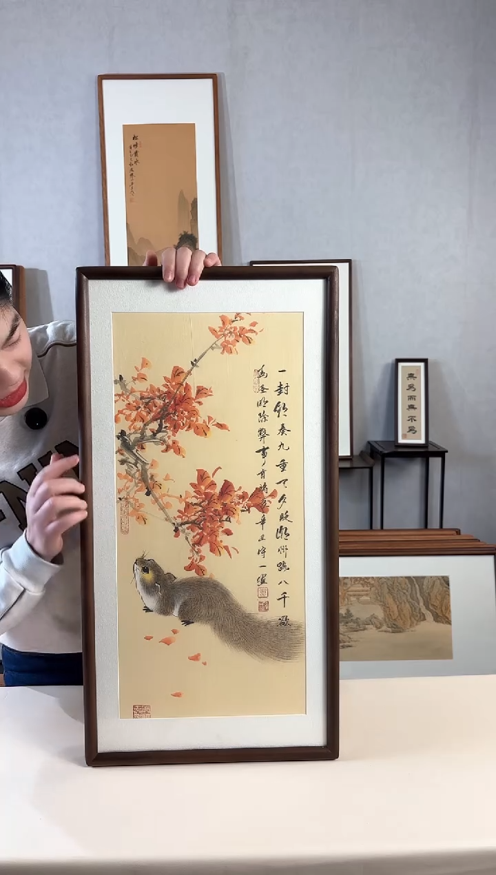 【闪购商品】国画手绘*红枫秋色*35*68cm实木框